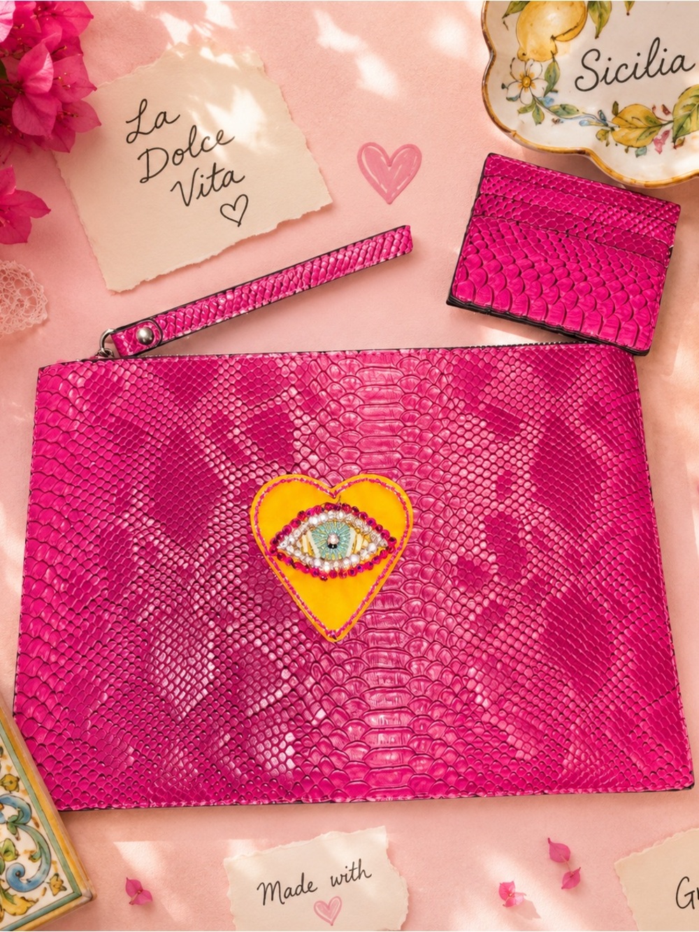 Hot Pink Snake-Texture Wristlet Clutch with Embellished Heart Eye